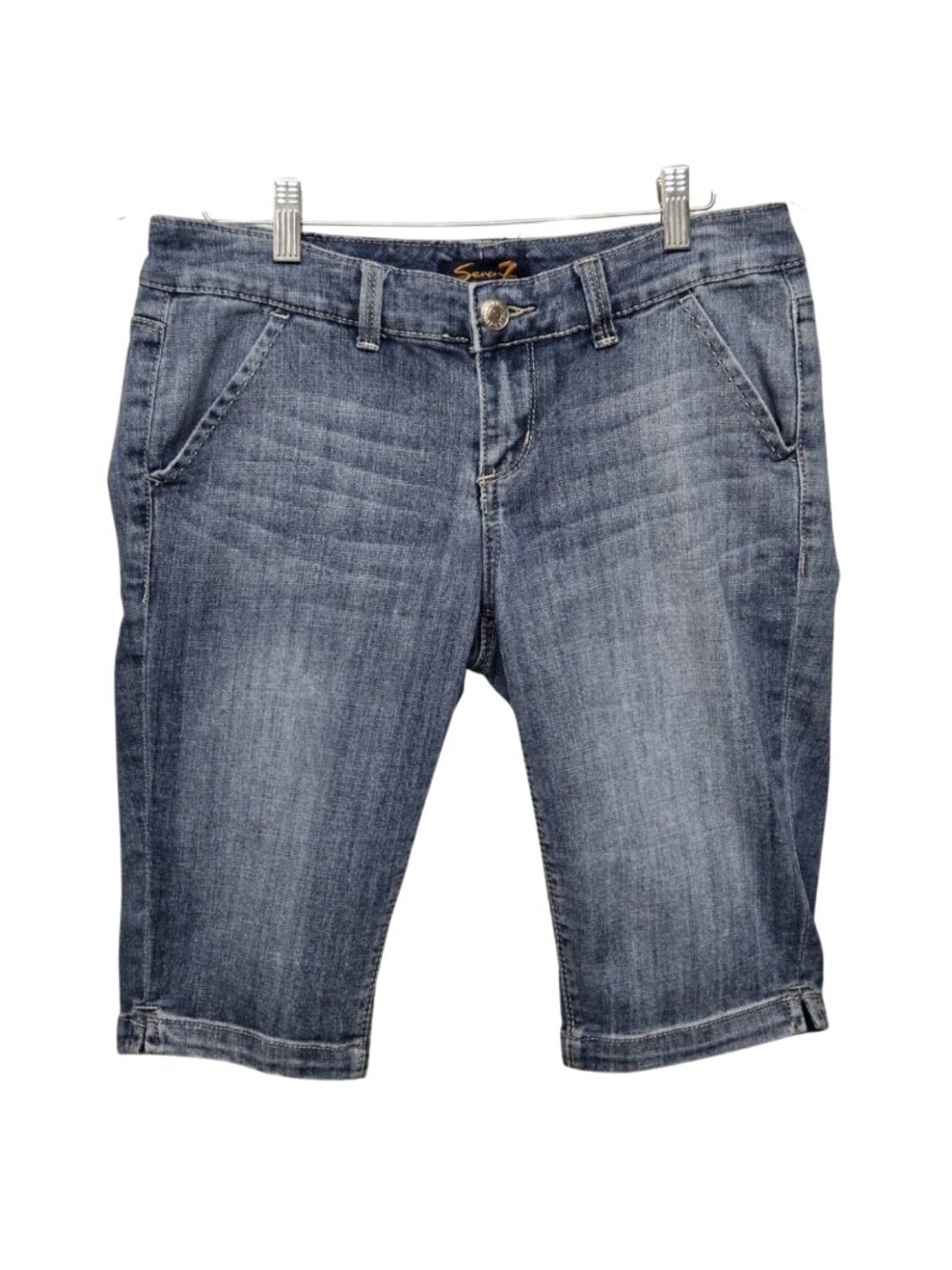 Seven7 Denim Bermuda Shorts Size 8 Y2K Knee Length Whiskered Fade Jorts